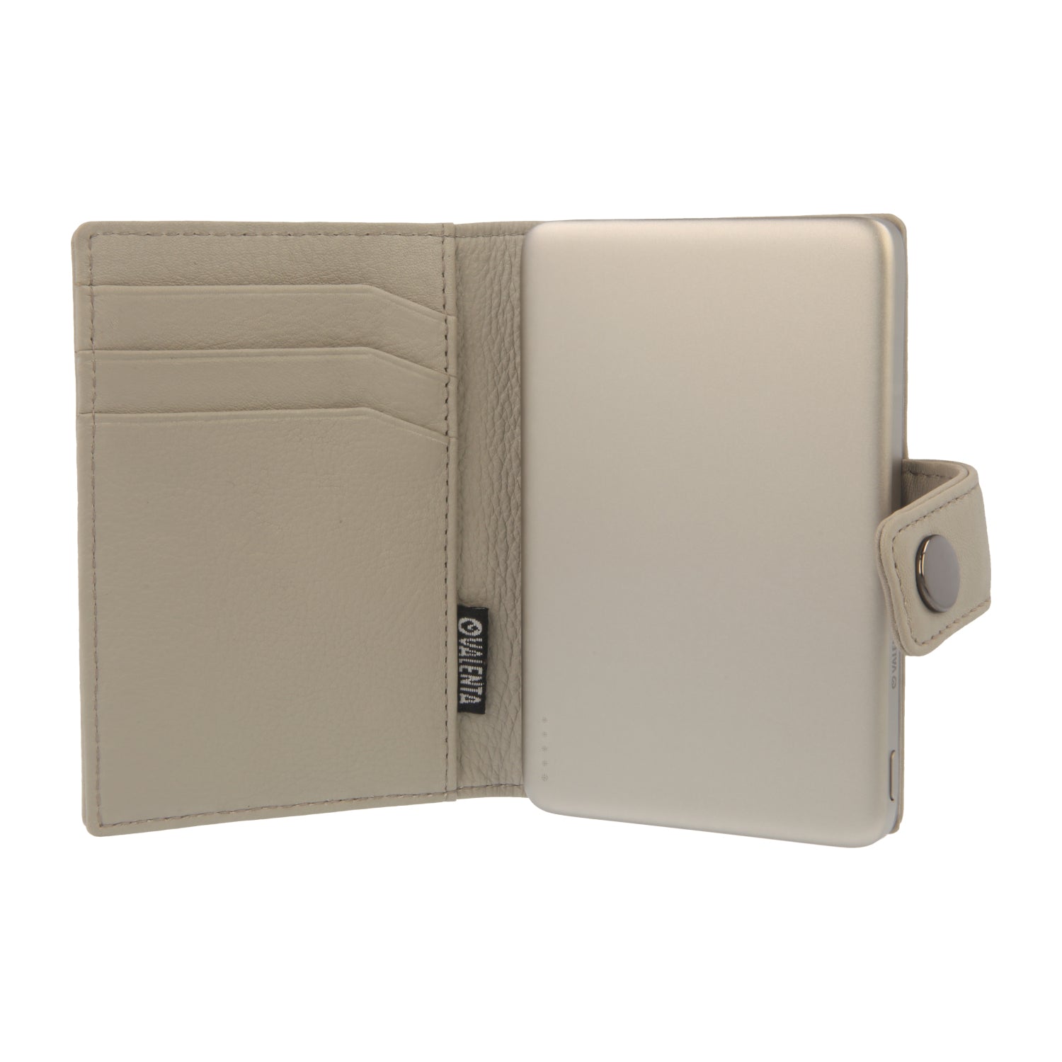 Valenta Mix & MagSafe 2 in 1 bundle with natural super thin power bank and off-white leather wallet , front view with opened wallet.
