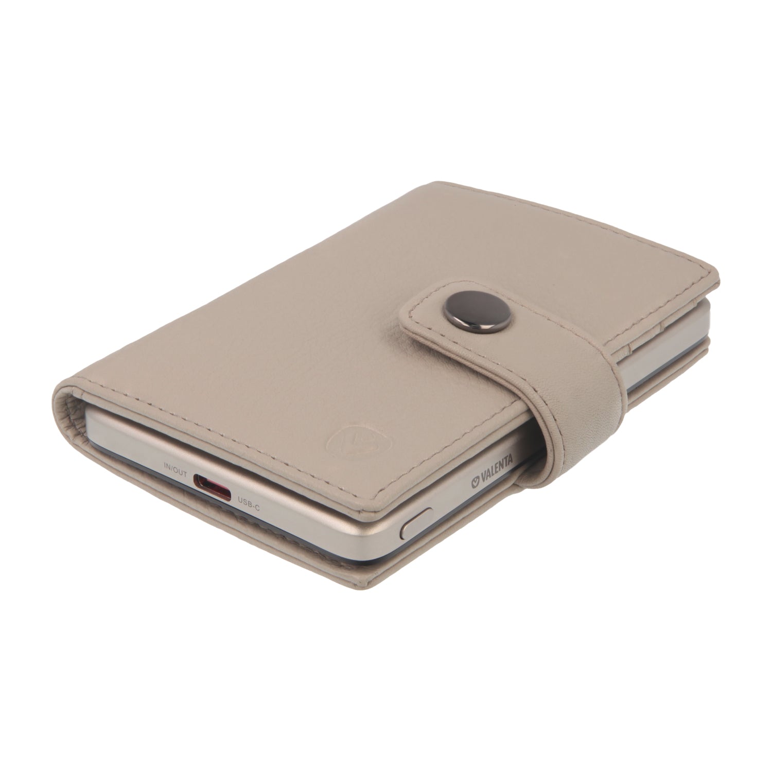 Valenta Mix & MagSafe 2 in 1 bundle with natural super thin power bank and off-white leather wallet , angled top view.