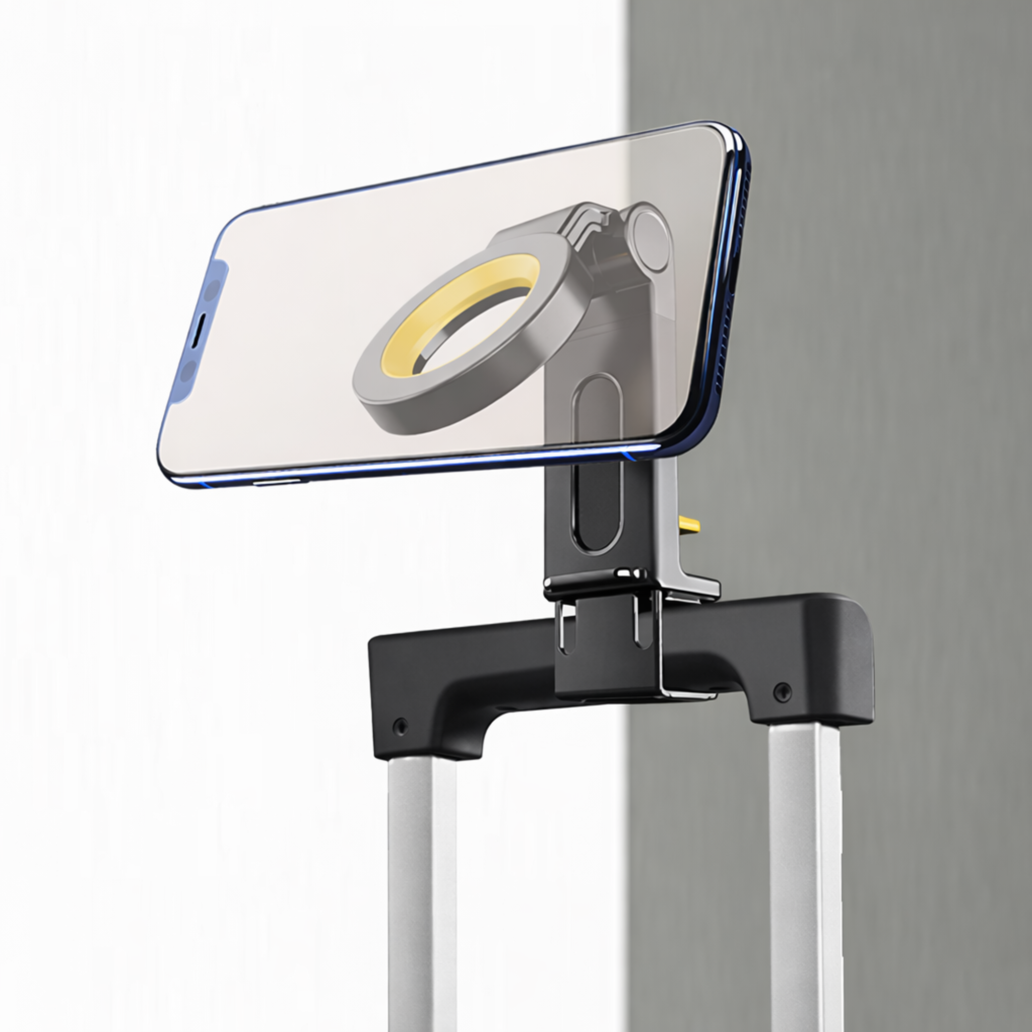MagMore MagSafe telefoonhouder bevestigd aan handvat van koffer