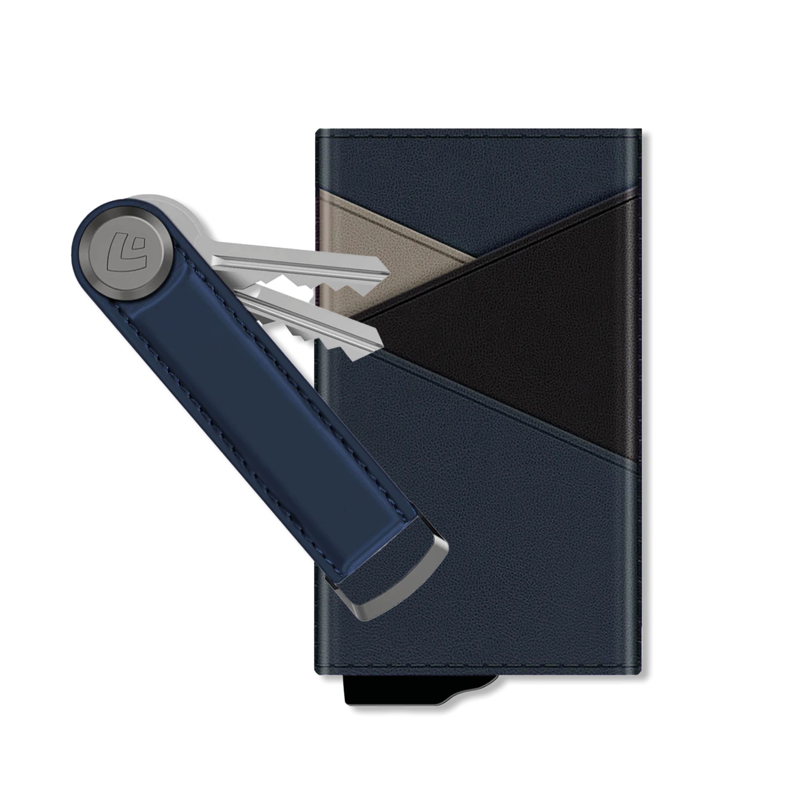 Gift Set Leather Card Case Snap Blue with Ejector and Key Organizer Blue