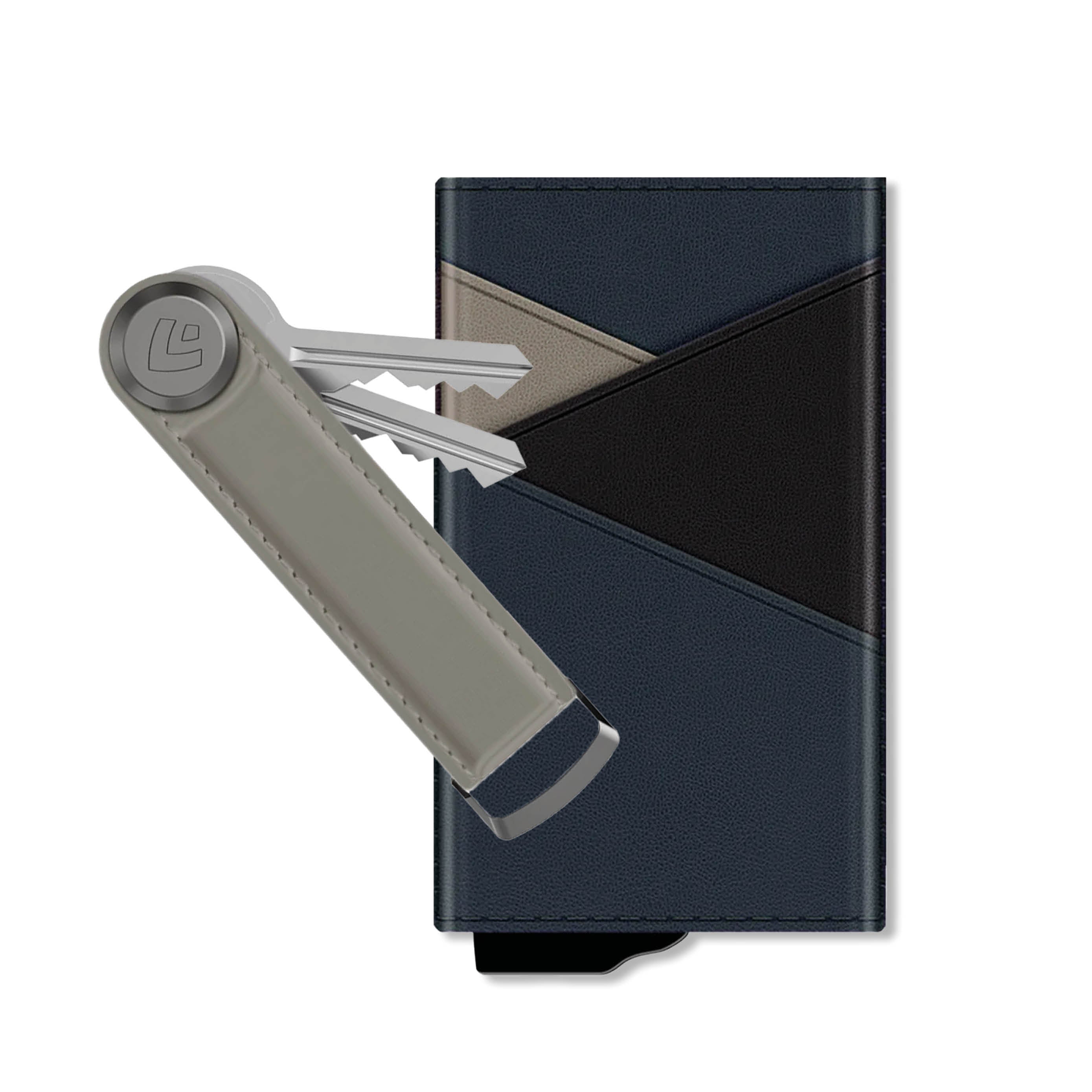 Geschenkset Leder Kartenhalter Snap Blau mit Schlüsseletui Grau