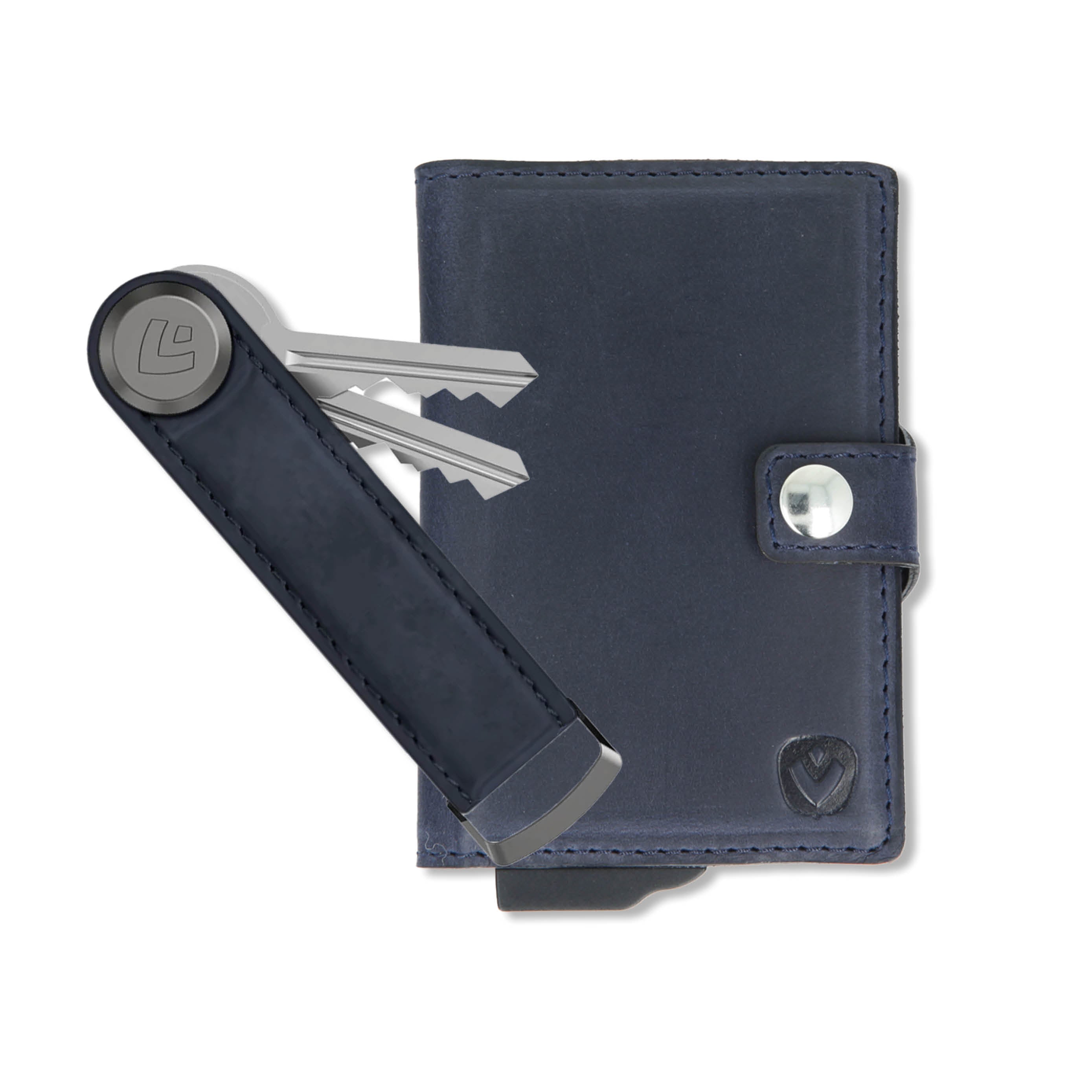 Gift Set Leather Card Wallet with Ejector and Key Organizer Vintage Blue