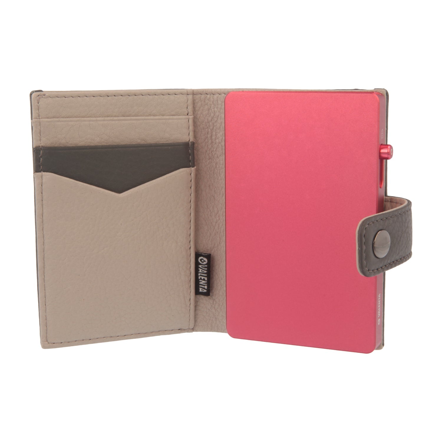 Valenta Mix & MagSafe 2 in 1 bundle with pink aluminium card holder and grey leather wallet luxe, front view with opened wallet.