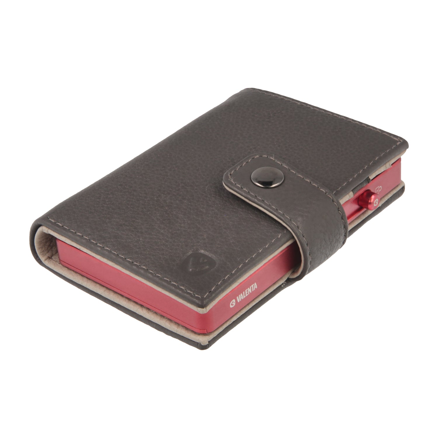 Valenta Mix & MagSafe 2 in 1 bundle with pink aluminium card holder and grey leather wallet luxe, angled top view.