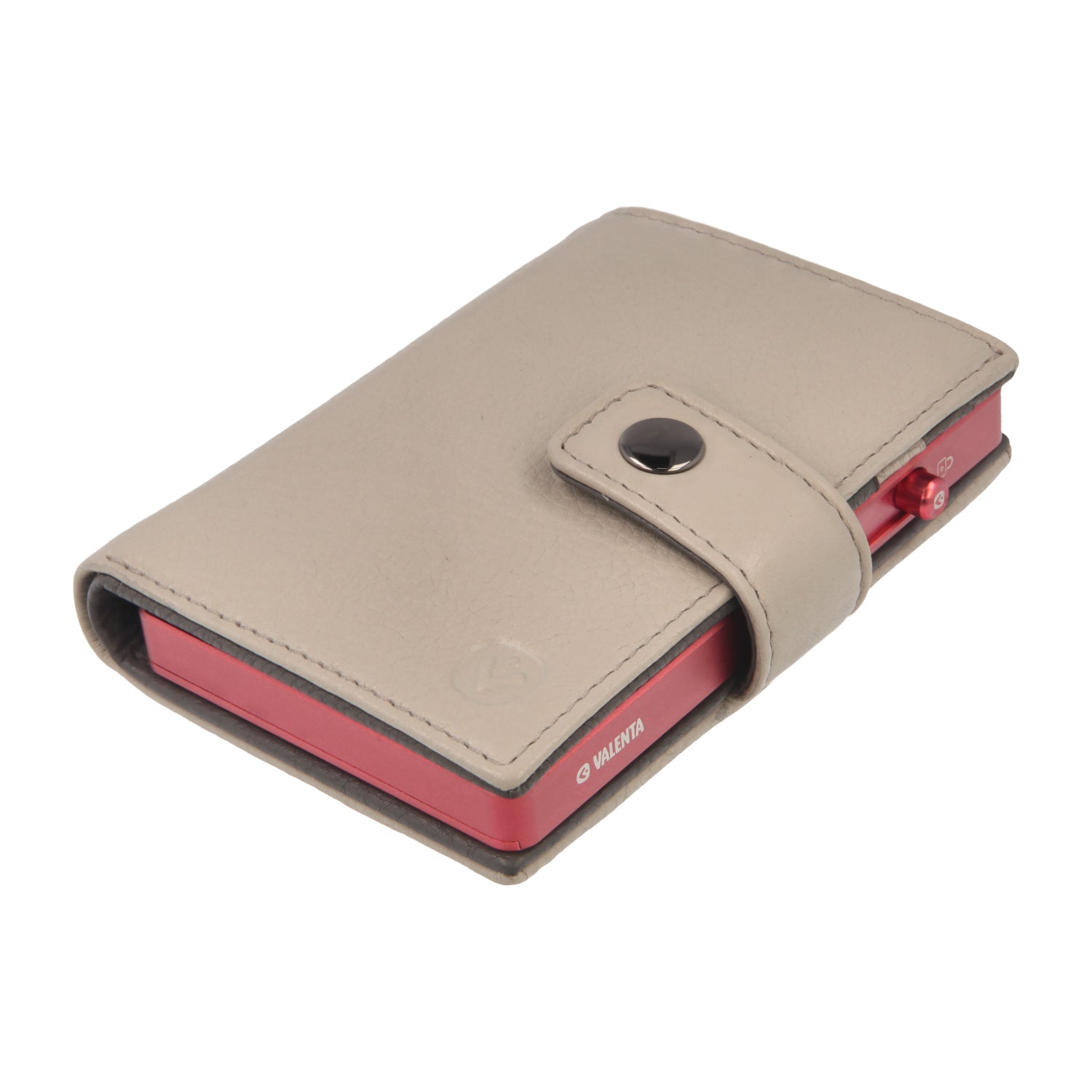 Valenta Mix & MagSafe 2 in 1 bundle with pink aluminium card holder and off-white leather wallet luxe, angled top view.
